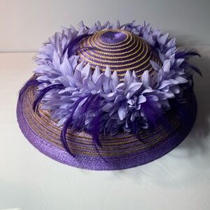 Vintage Jack McConnell Boutique Hat woven Feathers purple flowers